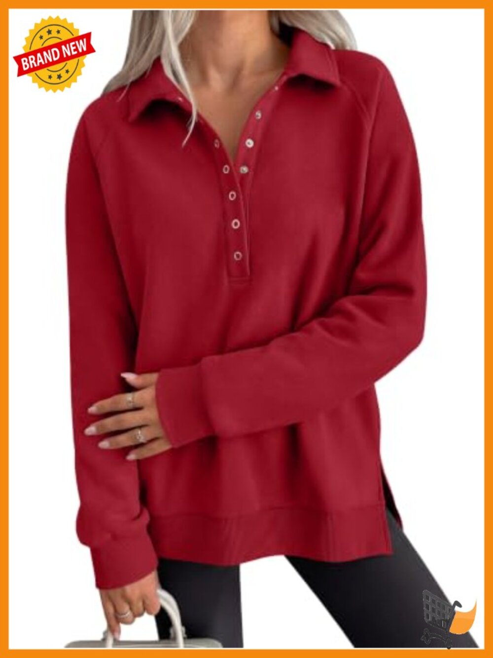 Oversized Button Up Henley Sweatshirt Fleece Lined Pullover